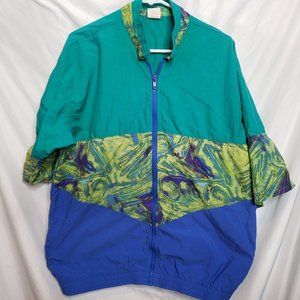 Vintage Sun Blocks Zip Up Shirt Swim Suit Cover Up Nylon Supplex Teal Blue Large